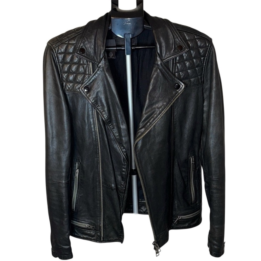 All Saints Conroy Textured 100% Leather Biker Jacket Brown Size Small Spring - Picture 11 of 11